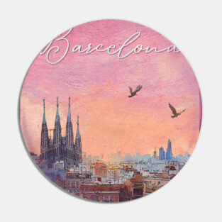 Barcelona Sunset Skyline Print – Watercolor Cityscape Poster Pin