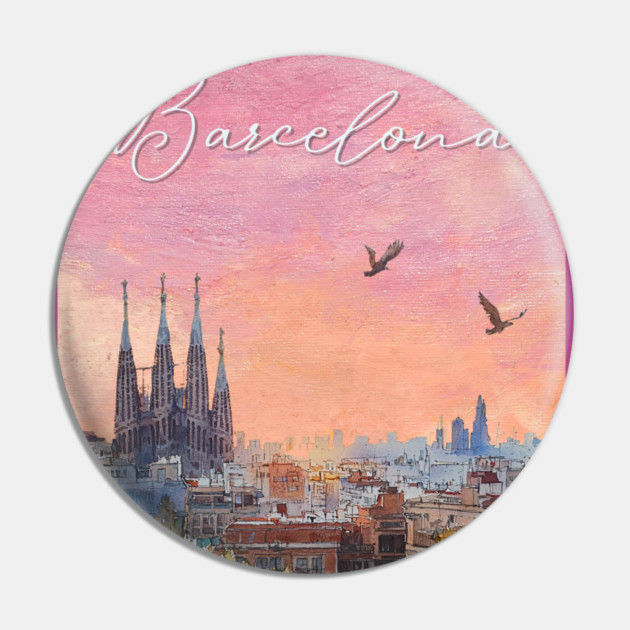 Barcelona Sunset Skyline Print – Watercolor Cityscape Poster Pin by TuncGK