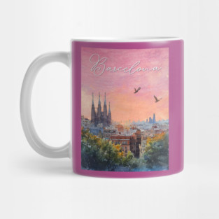 Barcelona Sunset Skyline Print – Watercolor Cityscape Poster Mug