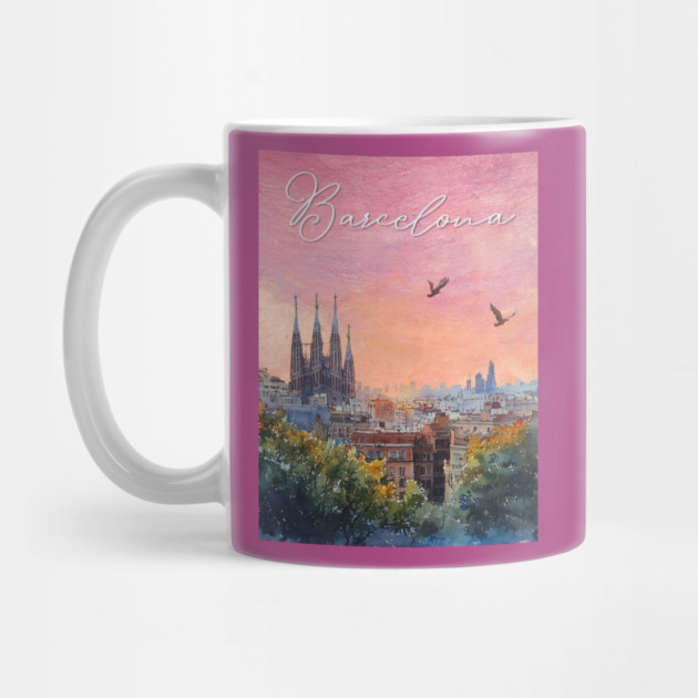 Barcelona Sunset Skyline Print – Watercolor Cityscape Poster by TuncGK