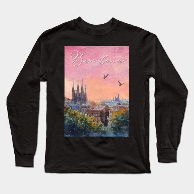 Barcelona Sunset Skyline Print – Watercolor Cityscape Poster Long Sleeve T-Shirt by TuncGK