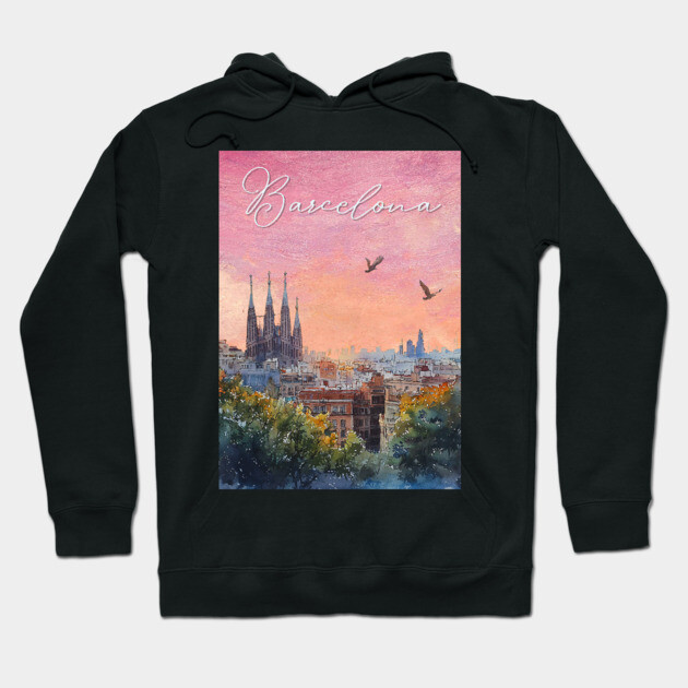 Barcelona Sunset Skyline Print – Watercolor Cityscape Poster Hoodie by TuncGK