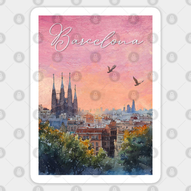 Barcelona Sunset Skyline Print – Watercolor Cityscape Poster Sticker by TuncGK