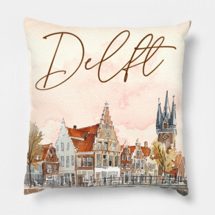 Delft Holland Watercolor Skyline Print – Vintage Dutch Travel Art Pillow