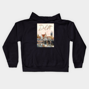 Delft Holland Watercolor Skyline Print – Vintage Dutch Travel Art Kids Hoodie