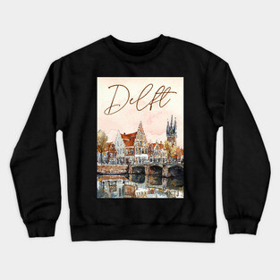 Delft Holland Watercolor Skyline Print – Vintage Dutch Travel Art Crewneck Sweatshirt