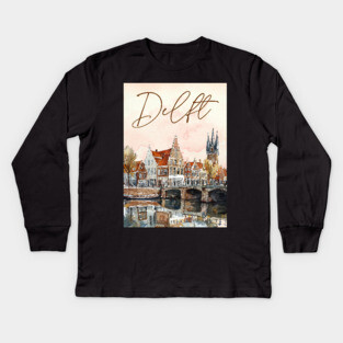Delft Holland Watercolor Skyline Print – Vintage Dutch Travel Art Kids Long Sleeve T-Shirt