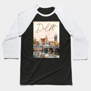 Delft Holland Watercolor Skyline Print – Vintage Dutch Travel Art Baseball T-Shirt