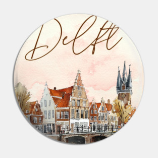 Delft Holland Watercolor Skyline Print – Vintage Dutch Travel Art Pin
