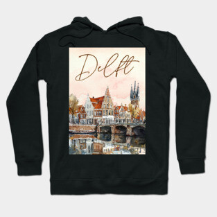 Delft Holland Watercolor Skyline Print – Vintage Dutch Travel Art Hoodie