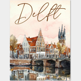 Delft Holland Watercolor Skyline Print – Vintage Dutch Travel Art Posters and Art