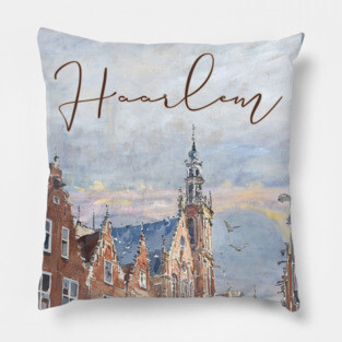 Haarlem Historic Dutch City Print – Watercolor Travel Poster Pillow