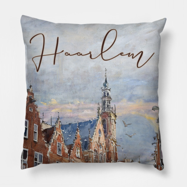Haarlem Historic Dutch City Print – Watercolor Travel Poster Pillow by TuncGK
