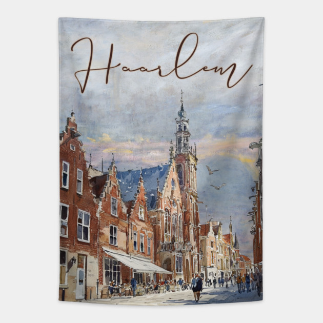Haarlem Historic Dutch City Print – Watercolor Travel Poster Tapestry by TuncGK
