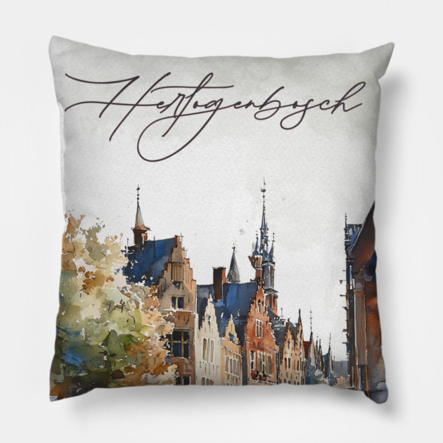 Hertogenbosch Winter Skyline Print – Watercolor Dutch City Poster Pillow by TuncGK