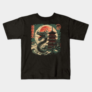 Japanese Dragon & Pagoda – Mythical Oriental Art Kids T-Shirt