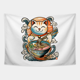 Lucky cat eating ramen Tapestry
