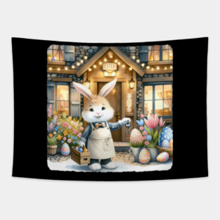 Easter Rabbit Innkeeper Welcomes Guests. Easter-Themed Inn Tapestry