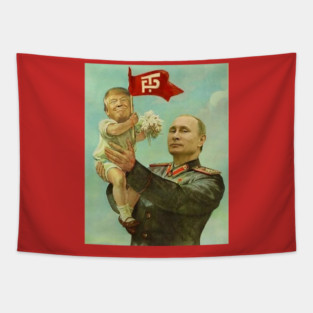 Putin Holding His Baby Trump in Soviet Style Painting Tapestry