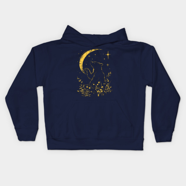 Celestial Bear Under Moonlit Sky – Mystical Wildlife Art Kids Hoodie by TuncGK