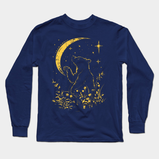 Celestial Bear Under Moonlit Sky – Mystical Wildlife Art Long Sleeve T-Shirt by TuncGK
