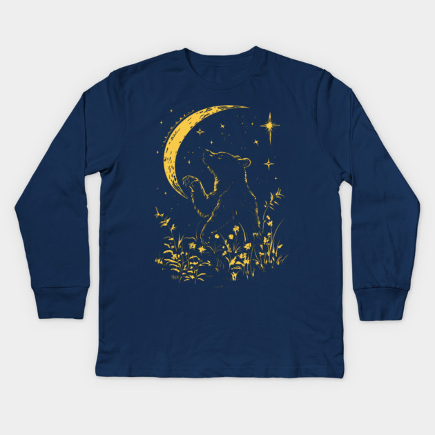 Celestial Bear Under Moonlit Sky – Mystical Wildlife Art Kids Long Sleeve T-Shirt by TuncGK