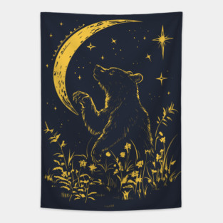 Celestial Bear Under Moonlit Sky – Mystical Wildlife Art Tapestry