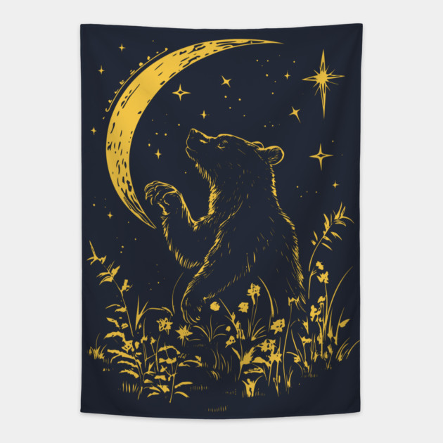 Celestial Bear Under Moonlit Sky – Mystical Wildlife Art Tapestry by TuncGK