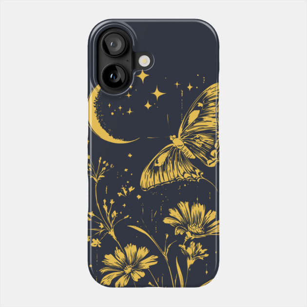 Golden Butterfly in Moonlit Meadow – Elegant Nature Art Phone Case by TuncGK