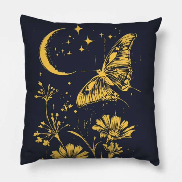 Golden Butterfly in Moonlit Meadow – Elegant Nature Art Pillow by TuncGK