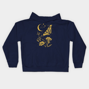 Golden Butterfly in Moonlit Meadow – Elegant Nature Art Kids Hoodie
