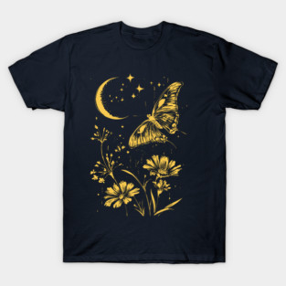 Golden Butterfly in Moonlit Meadow – Elegant Nature Art T-Shirt