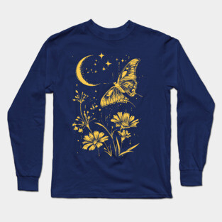 Golden Butterfly in Moonlit Meadow – Elegant Nature Art Long Sleeve T-Shirt