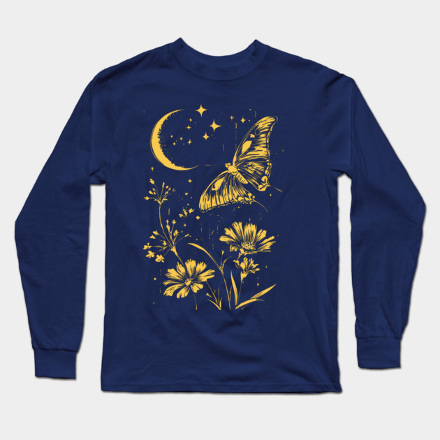Golden Butterfly in Moonlit Meadow – Elegant Nature Art Long Sleeve T-Shirt by TuncGK