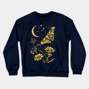 Golden Butterfly in Moonlit Meadow – Elegant Nature Art Crewneck Sweatshirt