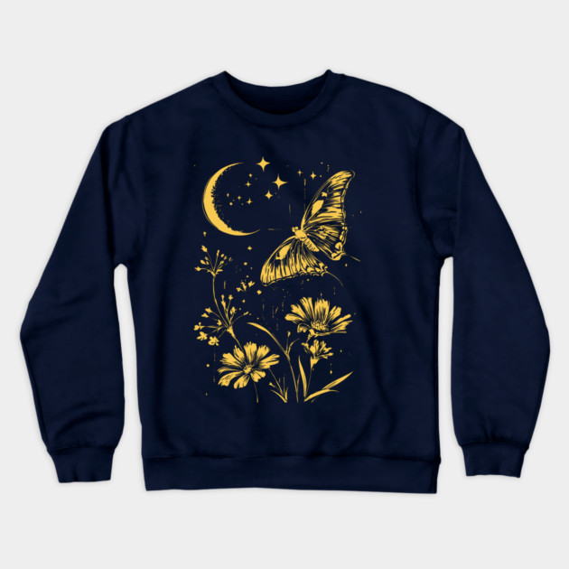 Golden Butterfly in Moonlit Meadow – Elegant Nature Art Crewneck Sweatshirt by TuncGK
