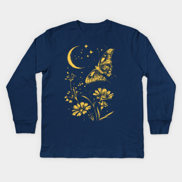 Golden Butterfly in Moonlit Meadow – Elegant Nature Art Kids Long Sleeve T-Shirt by TuncGK