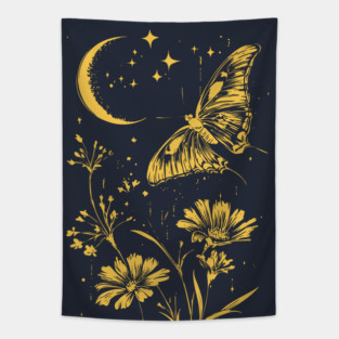 Golden Butterfly in Moonlit Meadow – Elegant Nature Art Tapestry