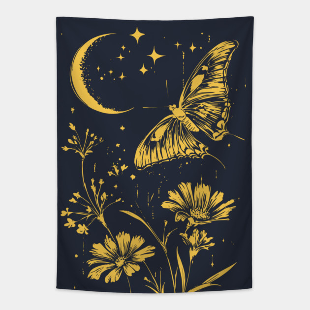 Golden Butterfly in Moonlit Meadow – Elegant Nature Art Tapestry by TuncGK