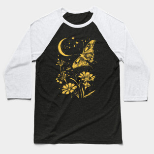 Golden Butterfly in Moonlit Meadow – Elegant Nature Art Baseball T-Shirt