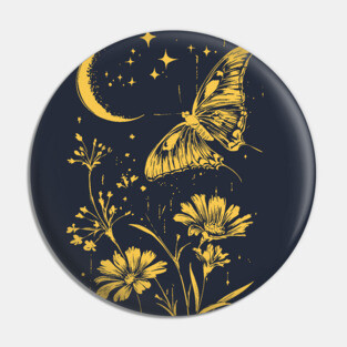 Golden Butterfly in Moonlit Meadow – Elegant Nature Art Pin