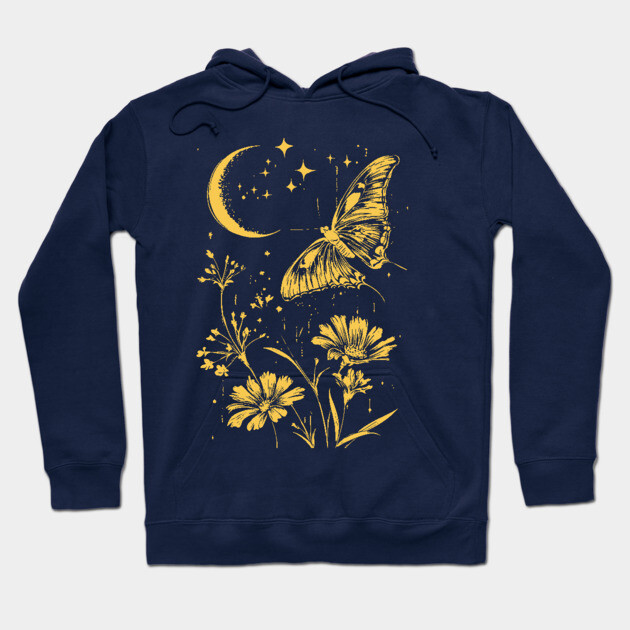 Golden Butterfly in Moonlit Meadow – Elegant Nature Art Hoodie by TuncGK