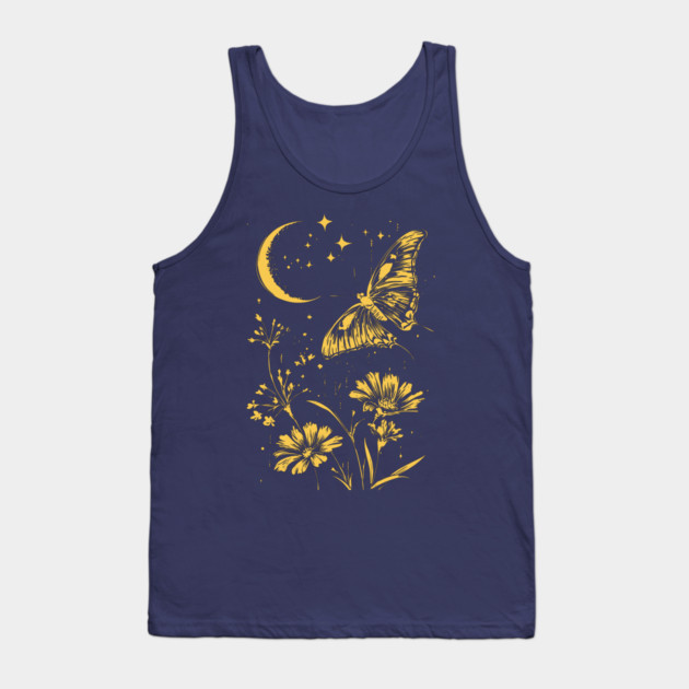 Golden Butterfly in Moonlit Meadow – Elegant Nature Art Tank Top by TuncGK