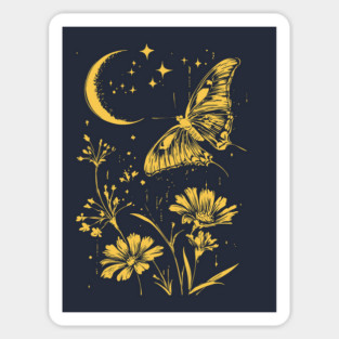Golden Butterfly in Moonlit Meadow – Elegant Nature Art Sticker