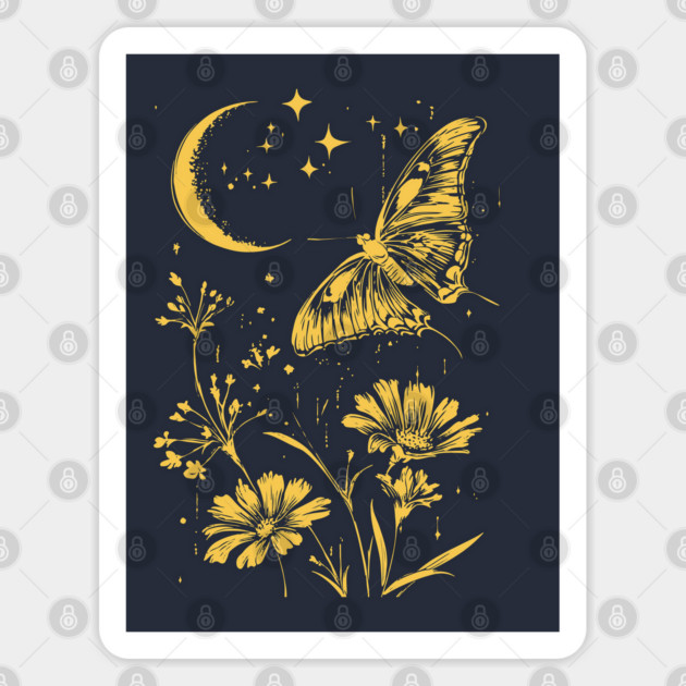 Golden Butterfly in Moonlit Meadow – Elegant Nature Art Sticker by TuncGK