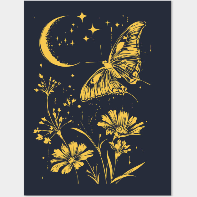 Golden Butterfly in Moonlit Meadow – Elegant Nature Art Wall Art by TuncGK