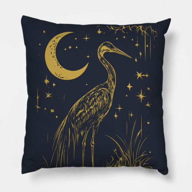 Mystical Crane by the Moon – Spiritual Bird Symbolism Pillow by TuncGK