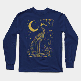 Mystical Crane by the Moon – Spiritual Bird Symbolism Long Sleeve T-Shirt