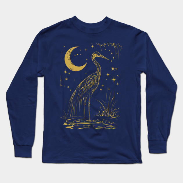 Mystical Crane by the Moon – Spiritual Bird Symbolism Long Sleeve T-Shirt by TuncGK