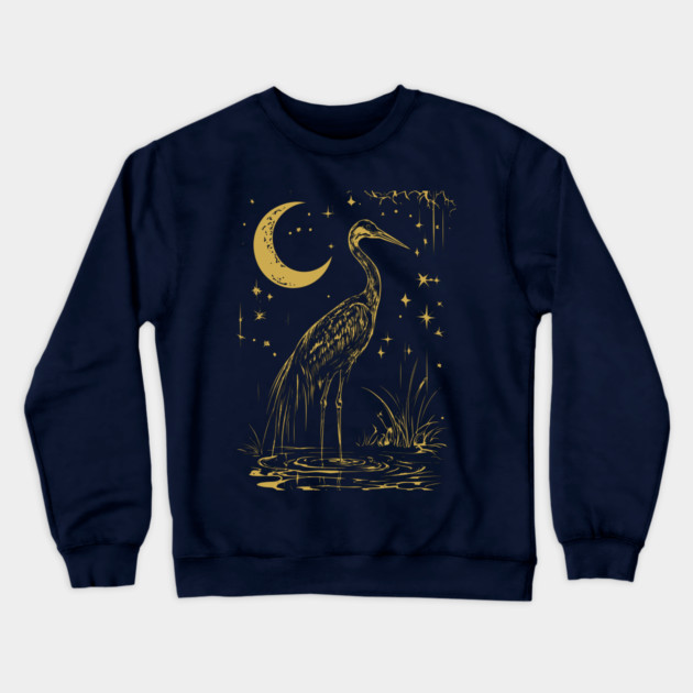 Mystical Crane by the Moon – Spiritual Bird Symbolism Crewneck Sweatshirt by TuncGK